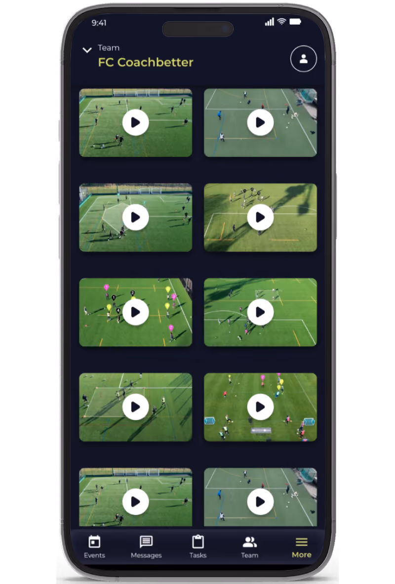 Smartphone screen showing a sports coaching app with multiple video thumbnails of soccer drills and gameplay for team FC Coachbetter.