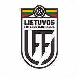 Lietuvos Futbolo Federacija logo featuring black and white shield with FF initials and Lithuanian flag colors.