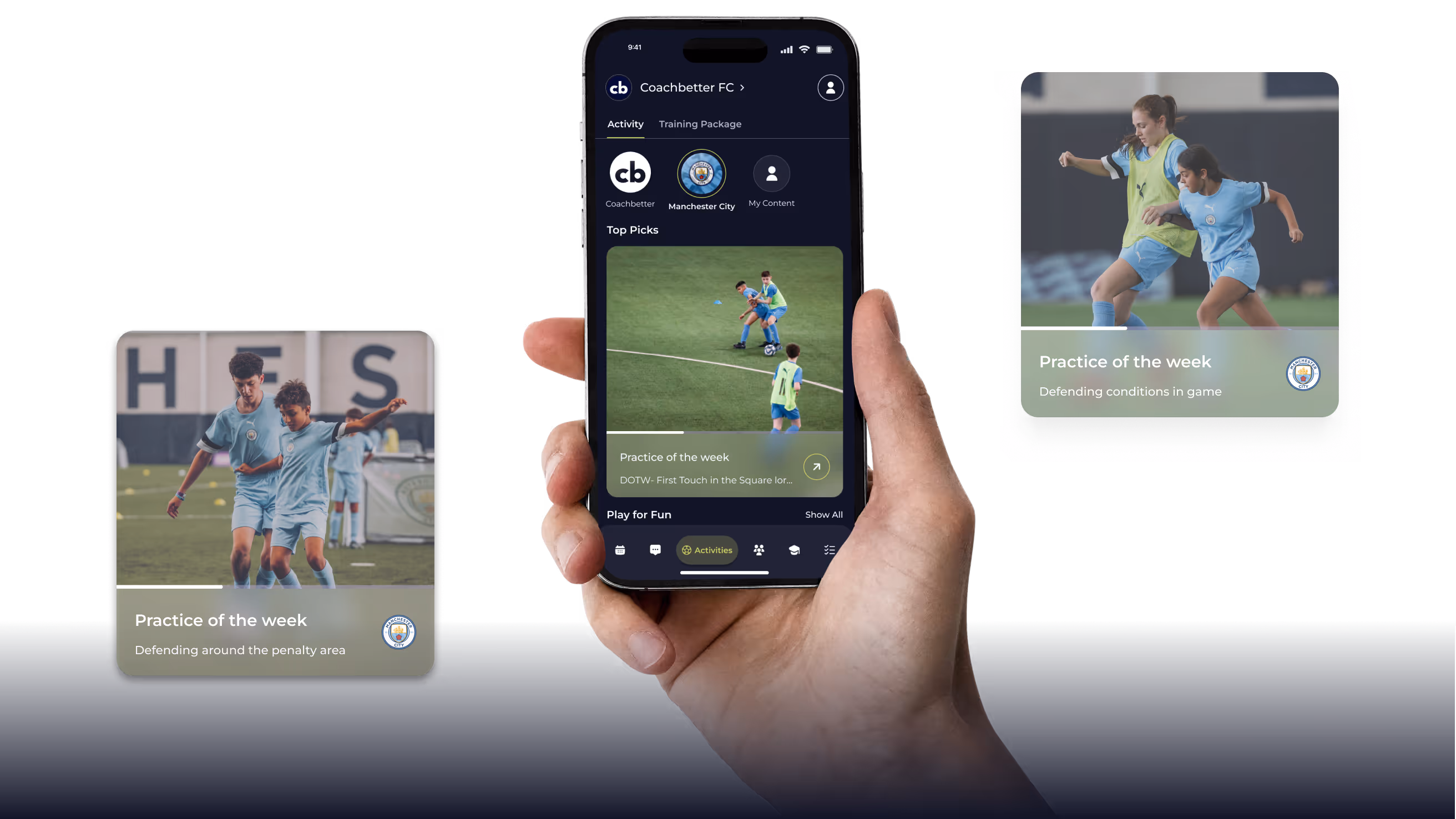 Hand holding a smartphone showing Coachbetter app with football drill of the week; side cards depict youth players practicing defending drills on a field.