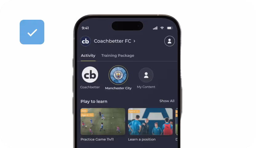 Mobile phone screen showing Coachbetter FC app interface with tabs for Activity and Training Package, icons for Coachbetter, Manchester City, and My Content, and play-to-learn options including Practice Game 11v11 and Learn a position.