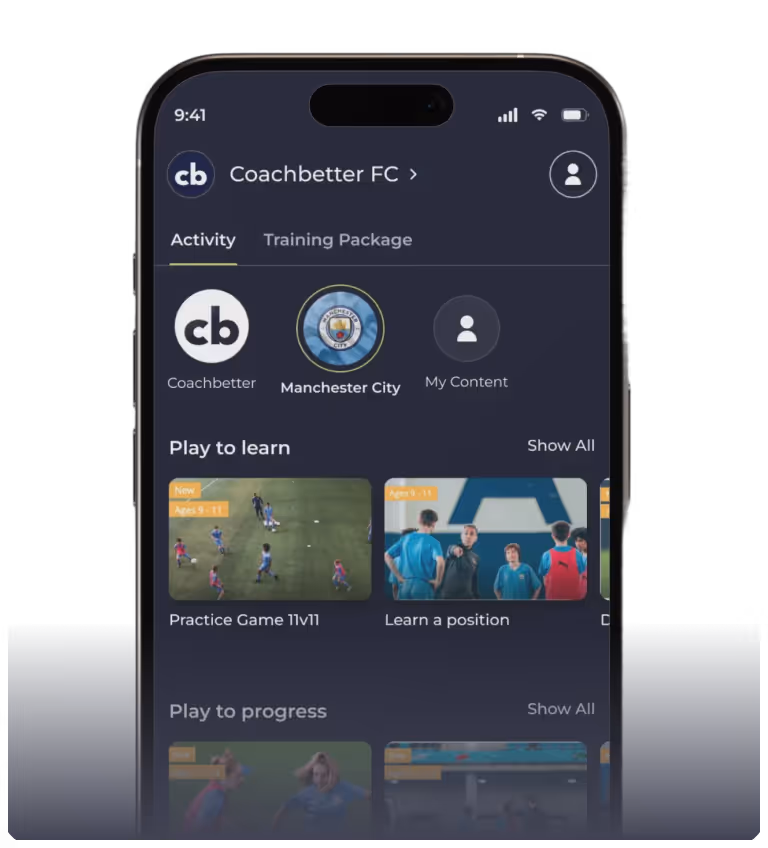 Mobile app screen showing Coachbetter FC interface with tabs for Activity and Training Package, featuring Manchester City, practice game and learn a position options.