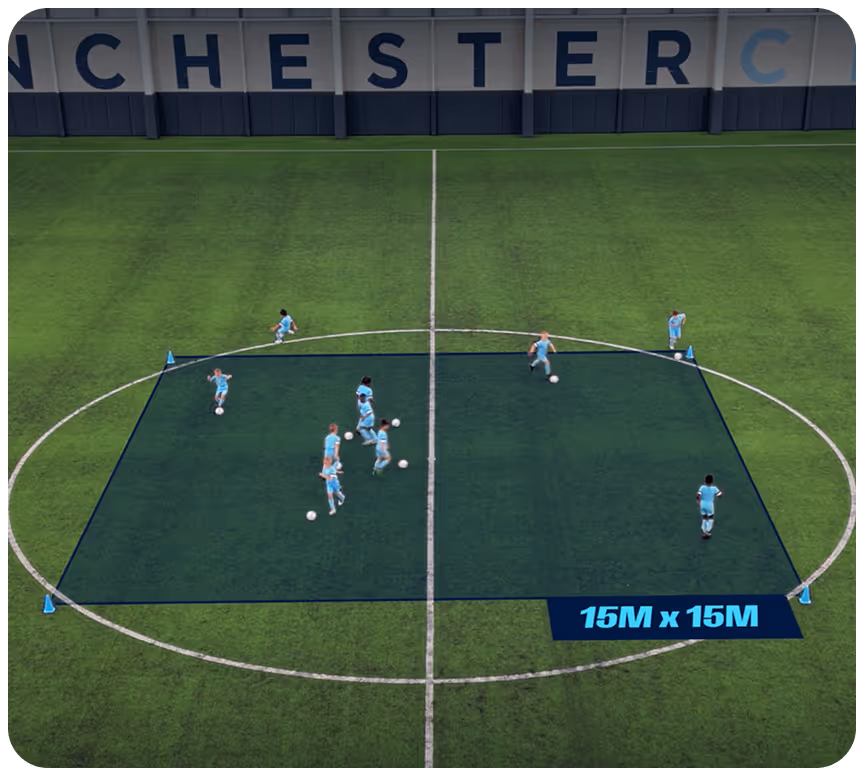 Soccer training drill with eight players practicing ball control inside a marked 15 by 15 meter square on a grass field.