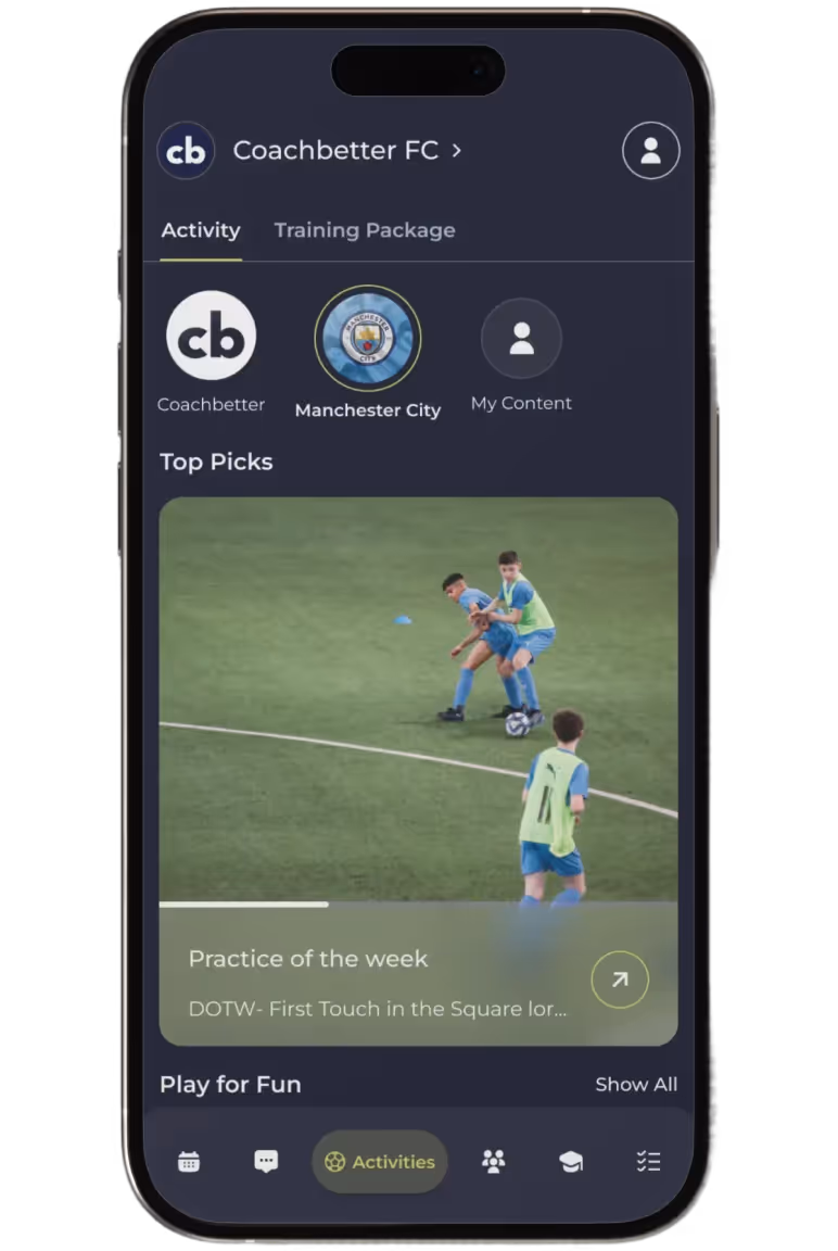 Mobile app screen showing Coachbetter FC interface with training activity featuring a soccer drill video of players on a field.