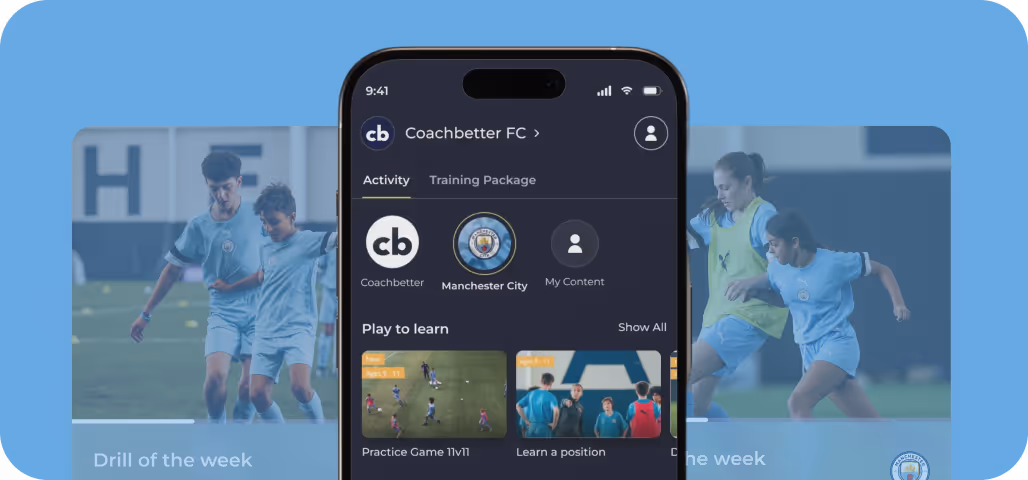 Smartphone screen showing the Coachbetter FC app interface with training activities for Manchester City youth players aged 9-11.