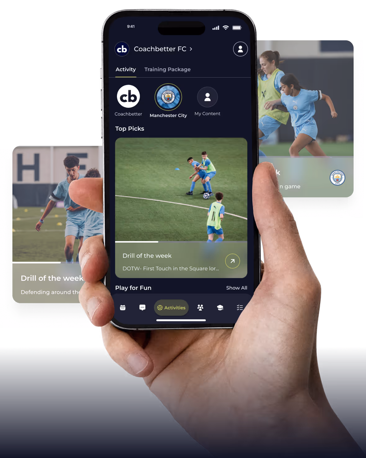 Hand holding a smartphone displaying the Coachbetter FC app with soccer training drills and top picks featuring Manchester City.