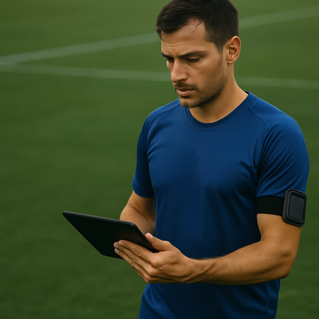 Man in blue shirt looking at a tablet on a grass field with a black armband device on his arm.