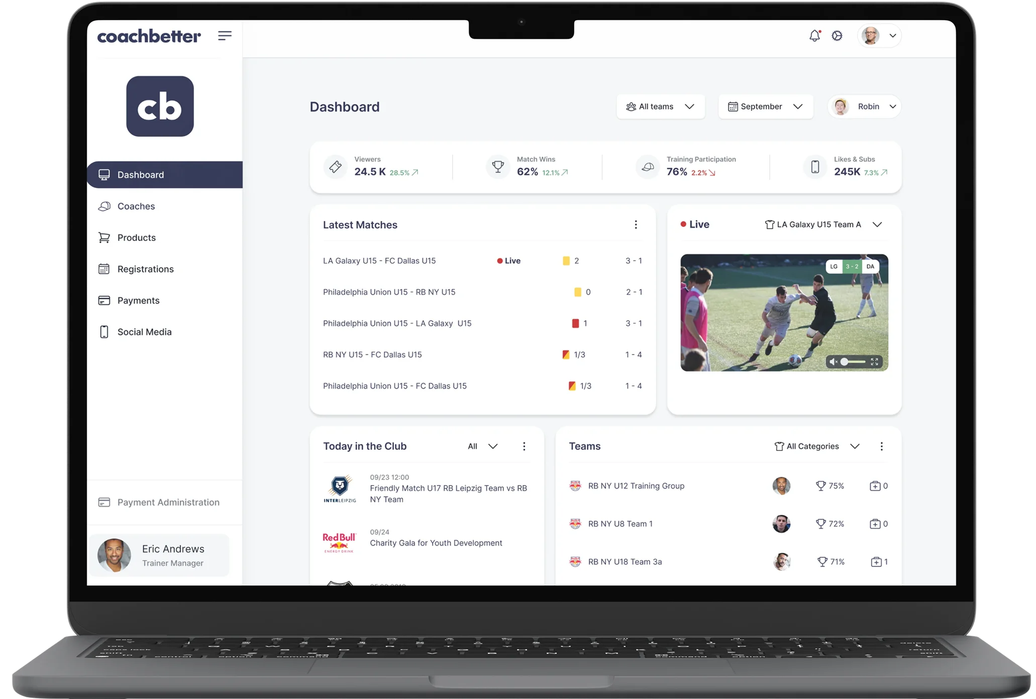 Coachbetter trainer dashboard showing match stats, latest matches, live game video, club events, and team info.