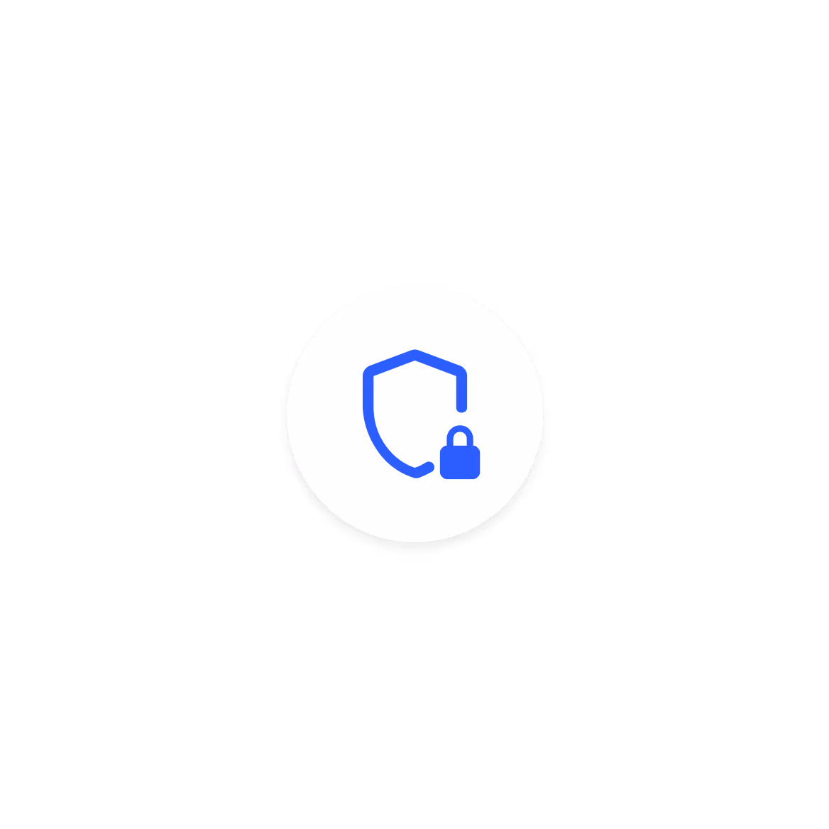Blue shield icon with a padlock symbol inside a white circular background.