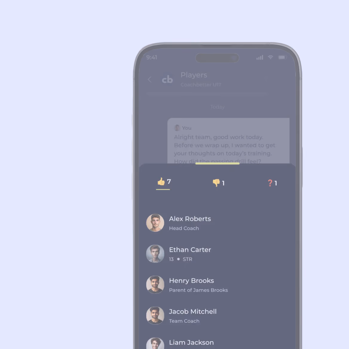 Mobile app screen showing player list with coaches and a message reaction summary with likes, dislikes, and questions.