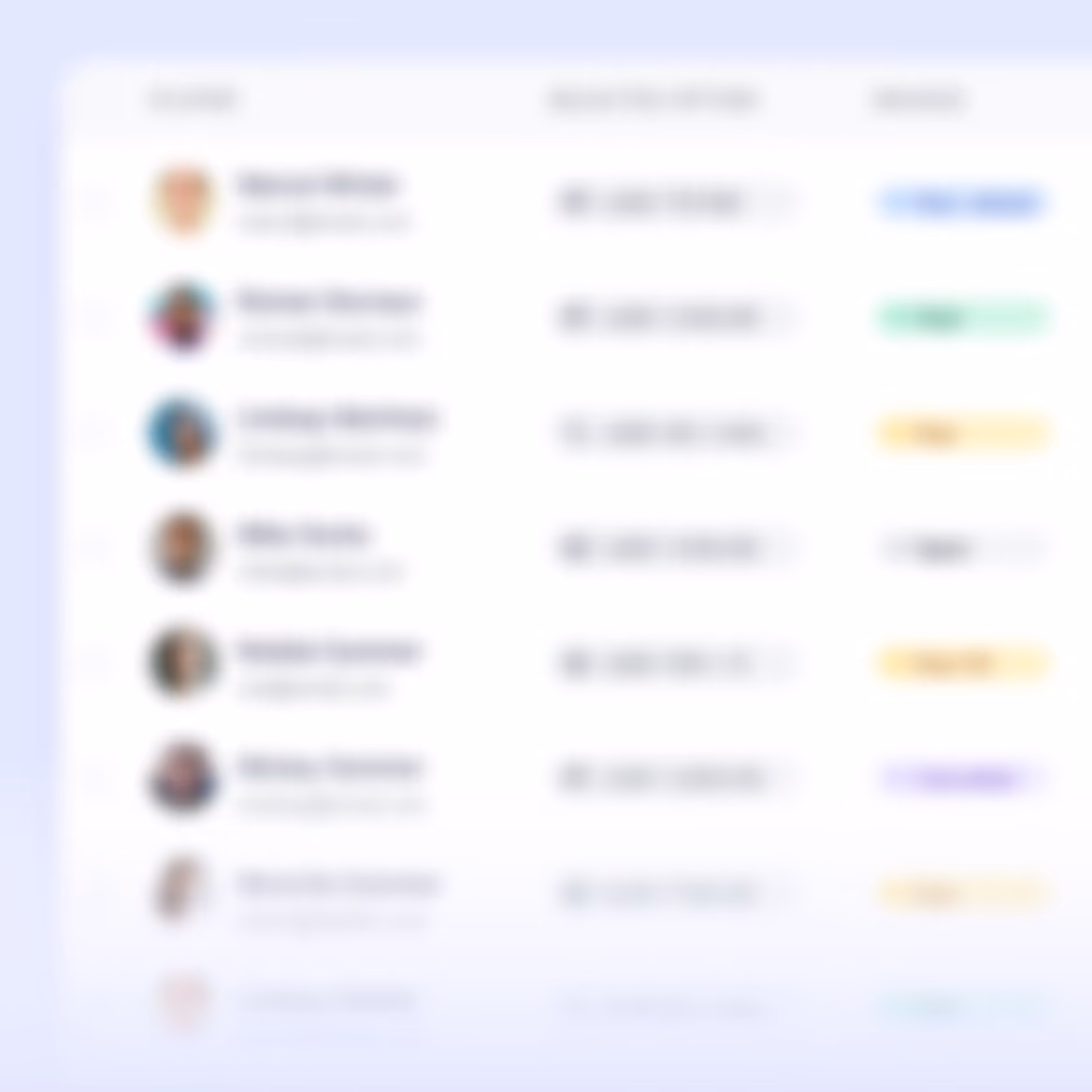 Blurred user list with profile pictures, names, roles, dates, and colored status tags in a table format.