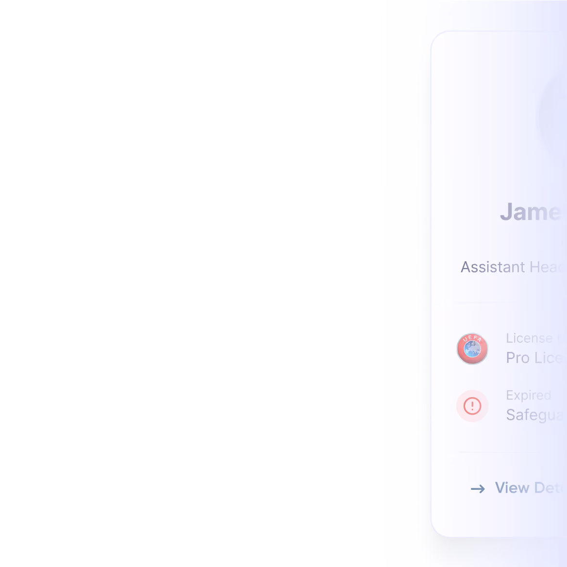 Partial profile card showing a person named James with assistant head coach title and license status.