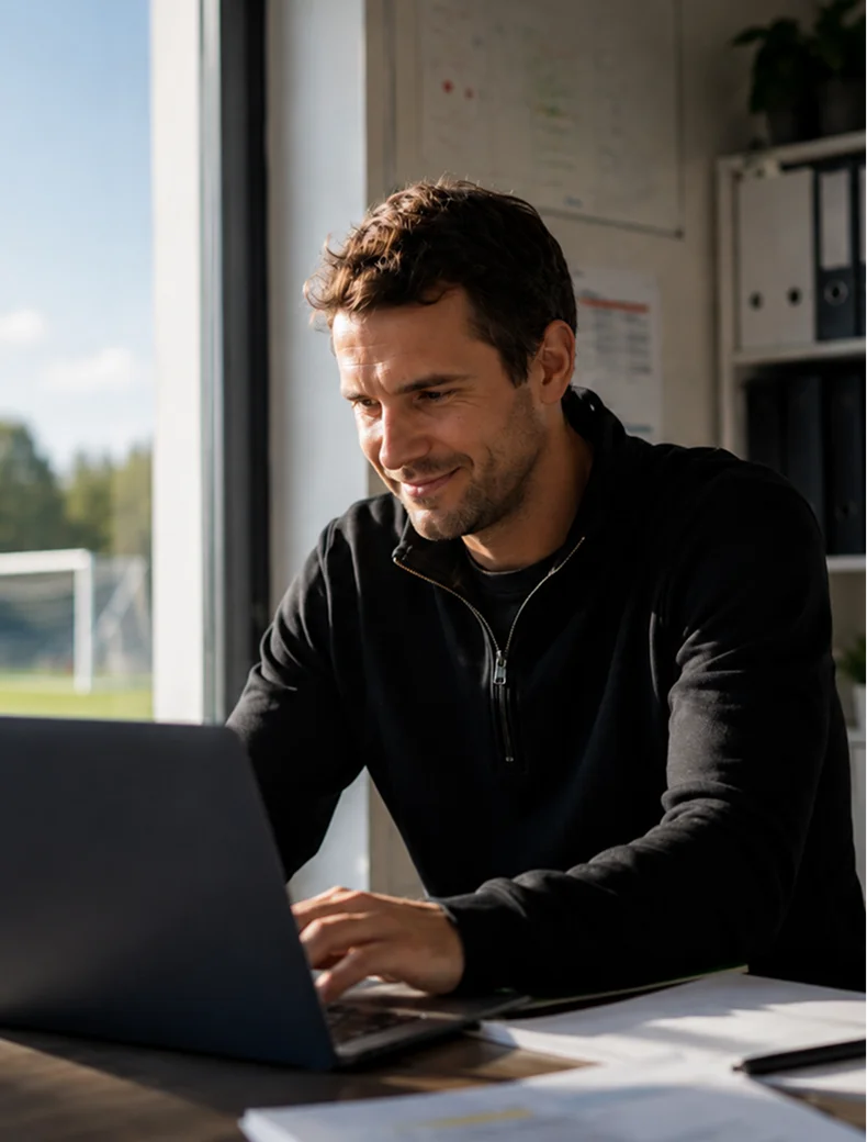 Man in black sweater working and smiling at a laptop near a window with outdoor view.
