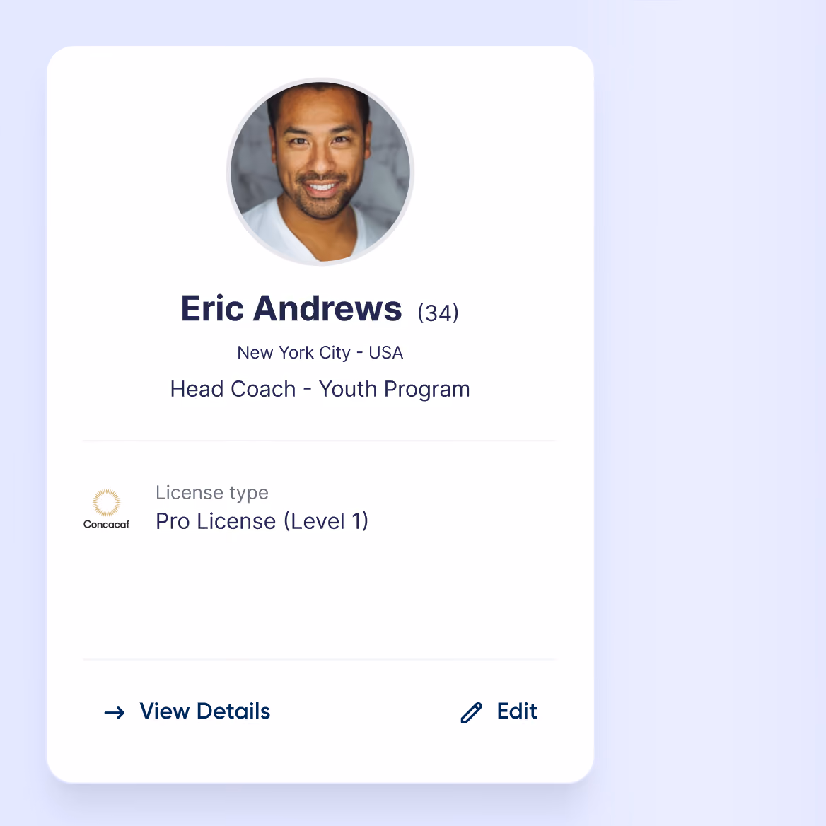 Profile card of Eric Andrews, 34, Head Coach Youth Program from New York with Pro License Level 1.