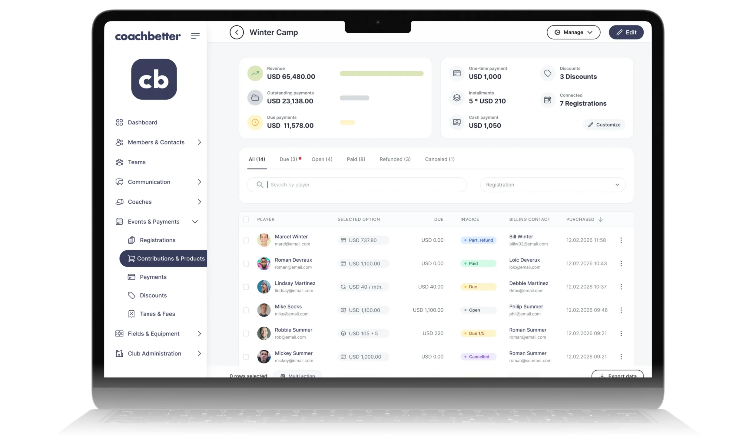 Dashboard of Coachbetter app showing Winter Camp payments, player statuses, and billing contacts.