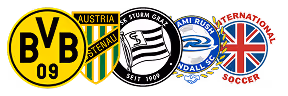 Logos of BVB 09, Austria Senau, Sturm Graz, Ami Rousso Ndalle Soccer, and International Soccer.