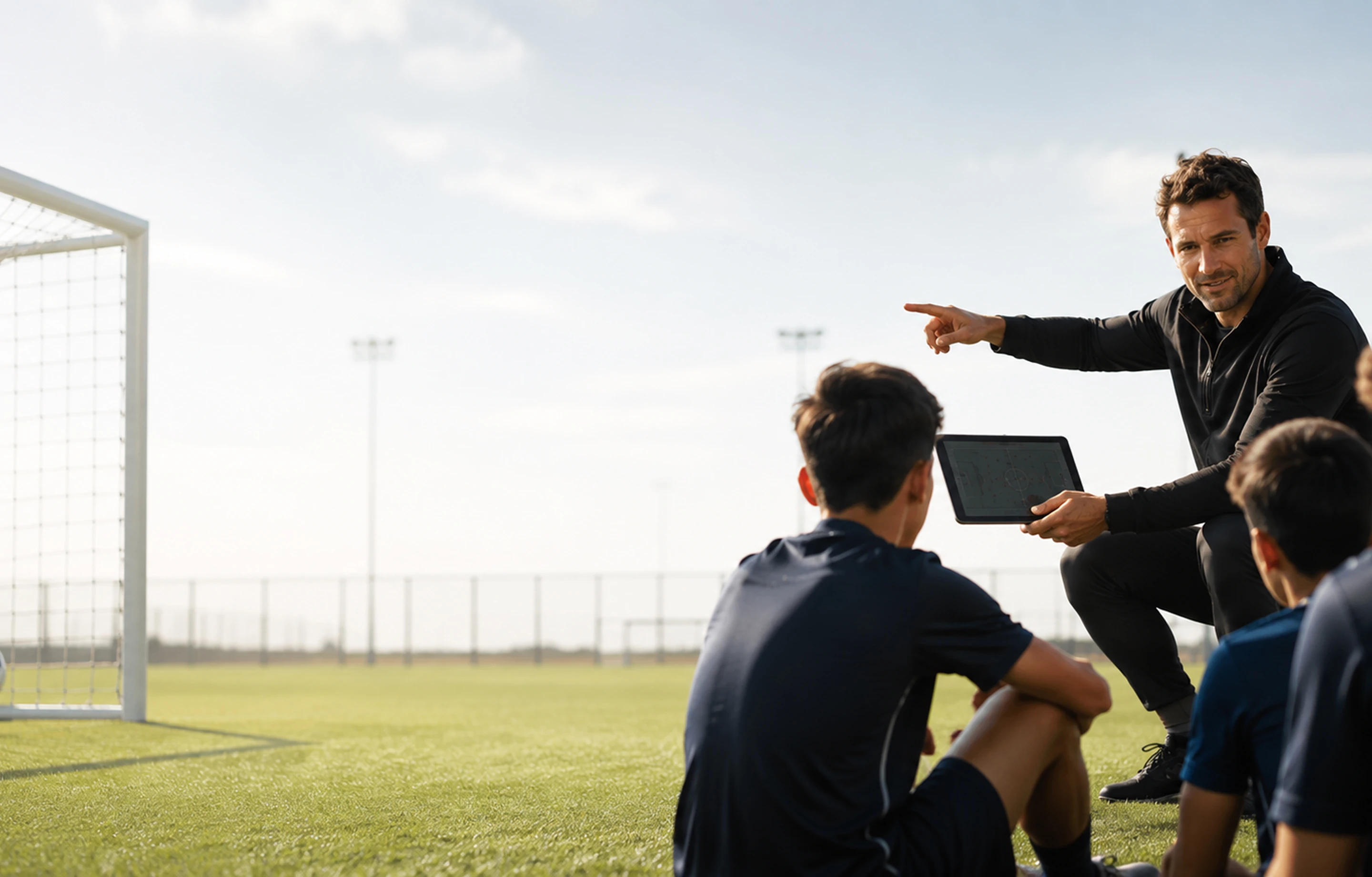 Soccer coach holding a tablet and pointing while talking to seated players near a goal on a field.