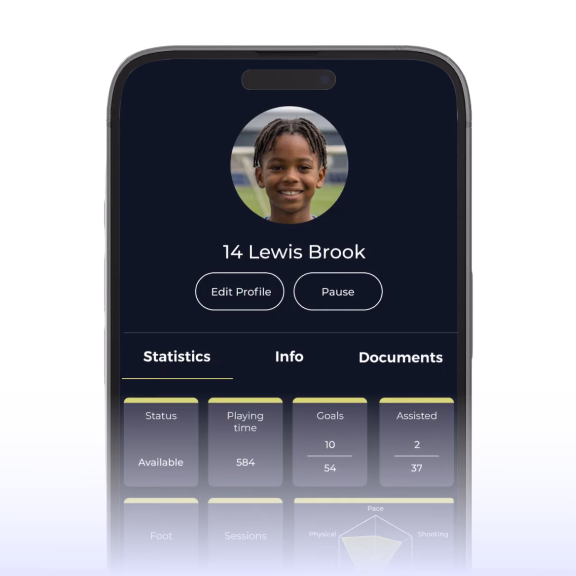 Mobile screen showing player profile for Lewis Brook with stats like goals, assists, and playing time.