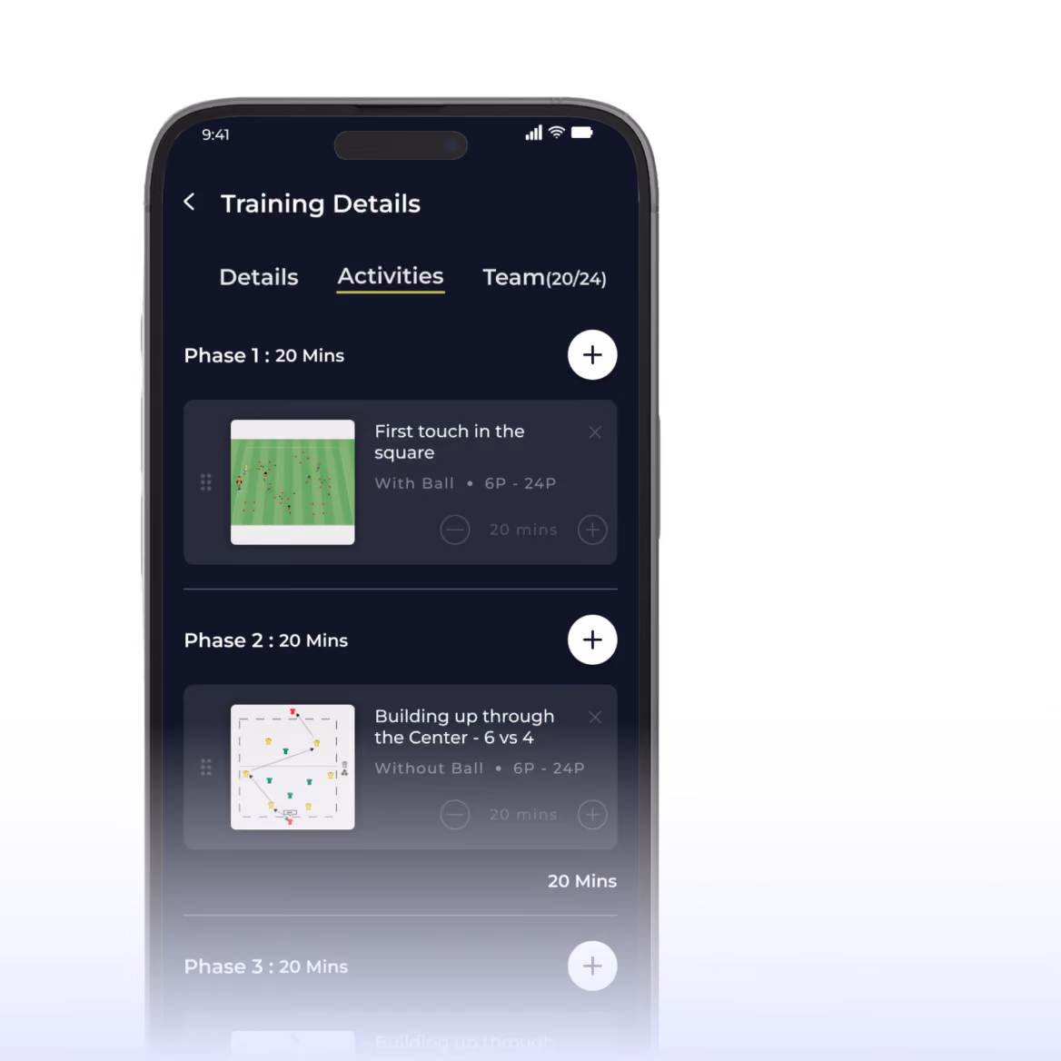 Mobile app showing training details with phases and soccer drill activities for team practice planning.