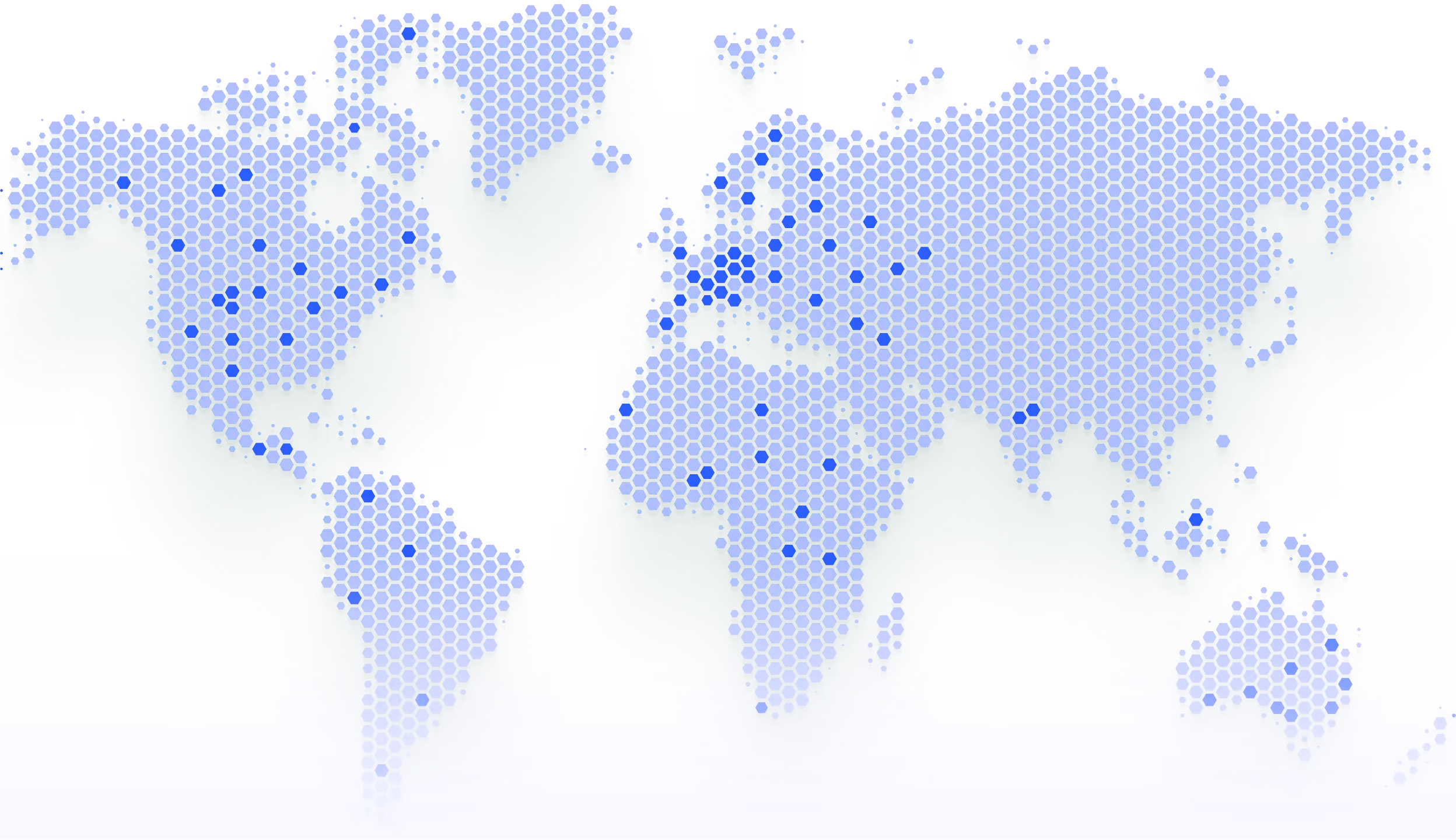 World map made of light blue hexagons with some darker hexagons on a dark green background.