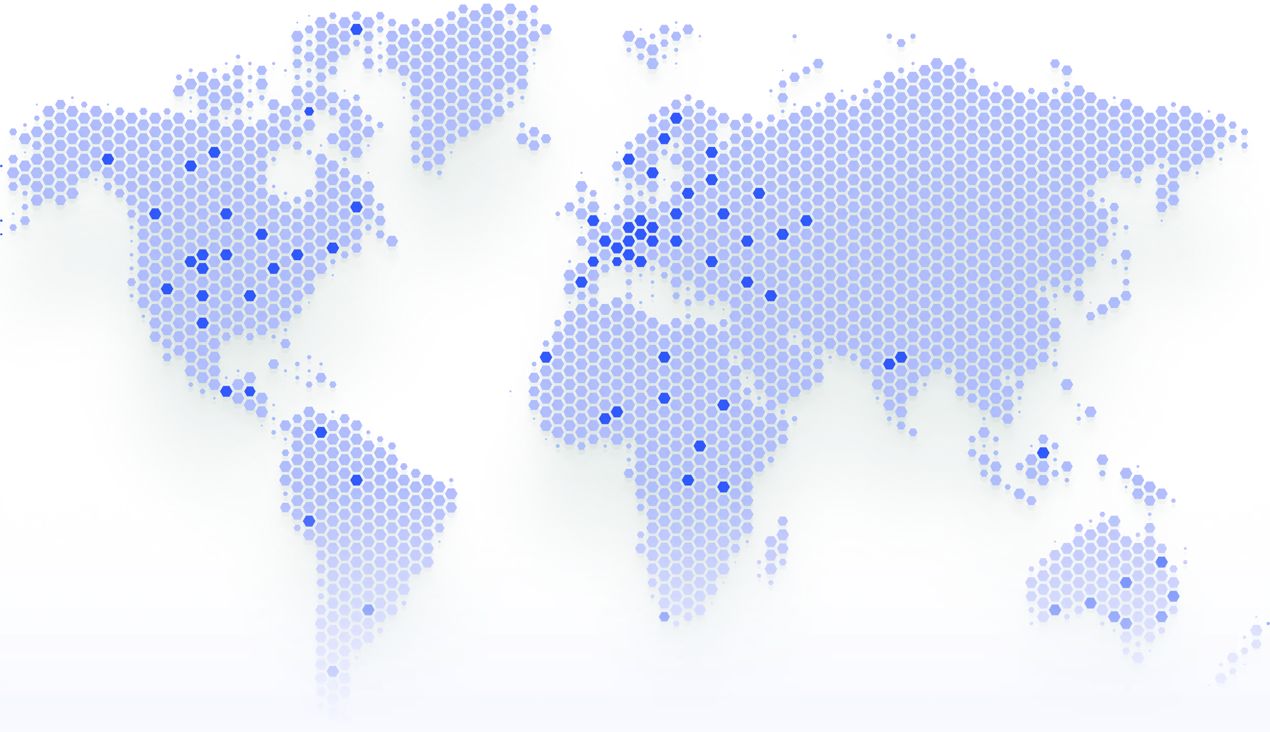 World map made of light blue hexagons with some darker hexagons on a dark green background.