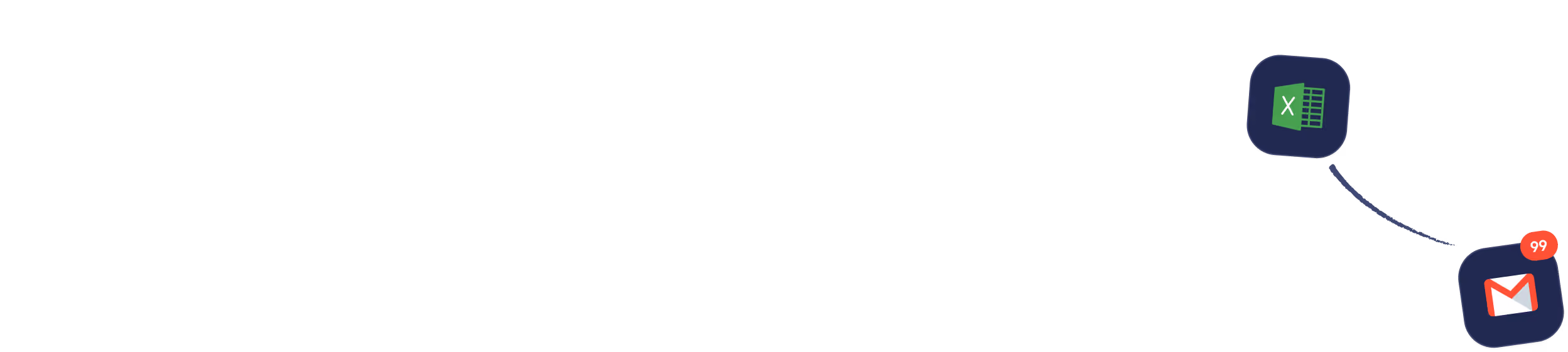 Icons of Excel and Gmail apps connected by a curved white line, with Gmail showing 99 notifications.