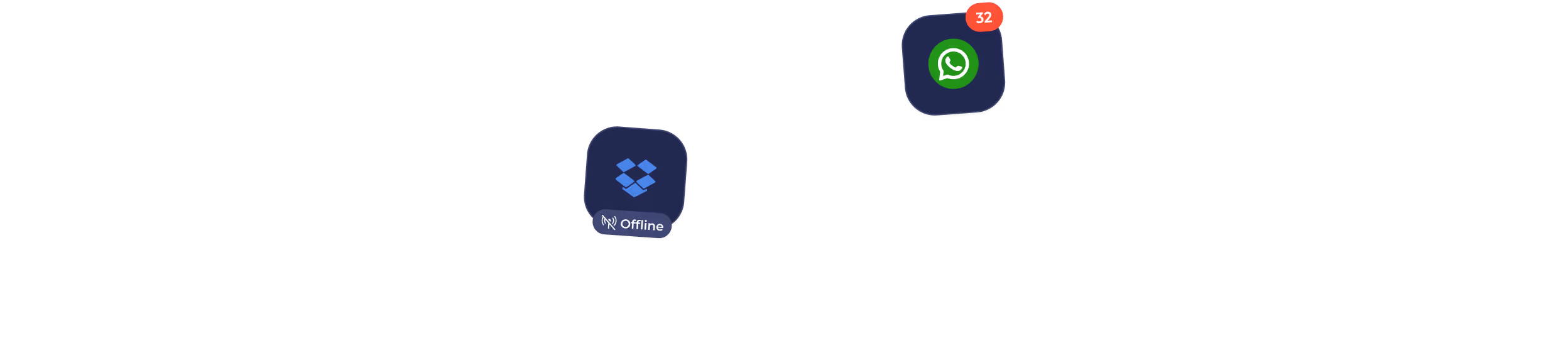 Icons of Dropbox marked offline and WhatsApp showing 32 unread notifications on black background.