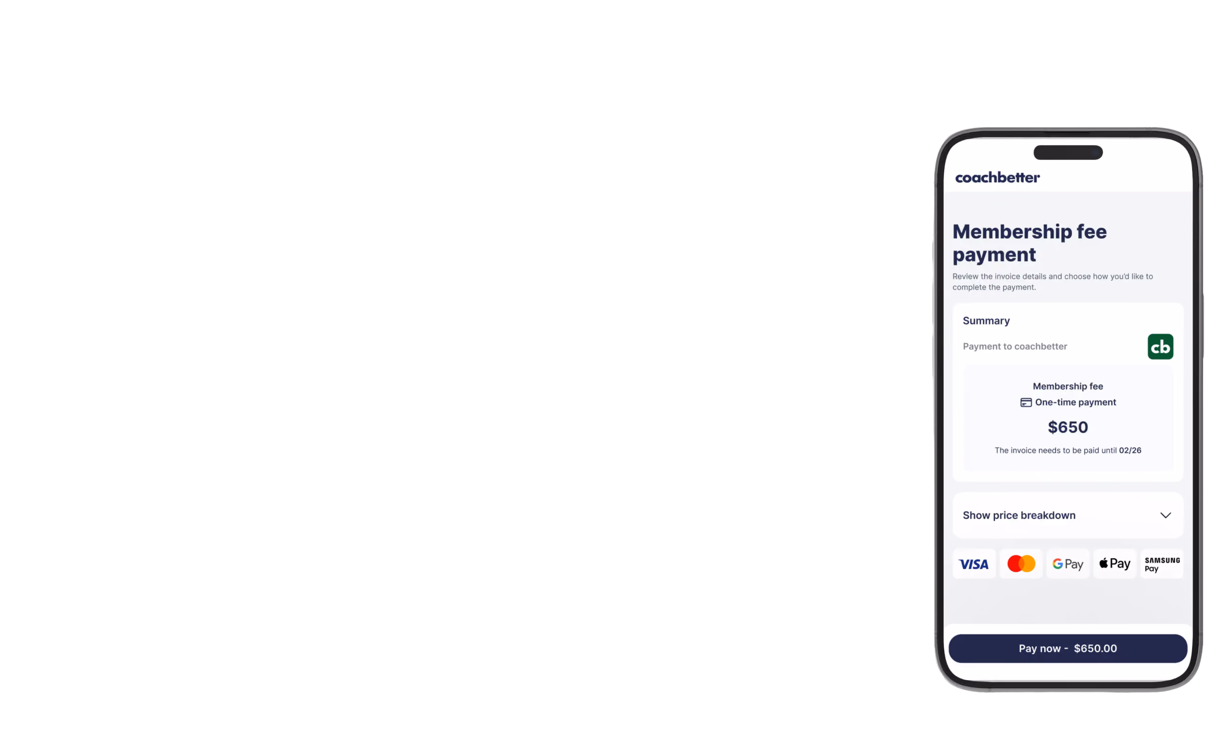 Smartphone screen showing a $650 membership fee payment page with multiple payment options.