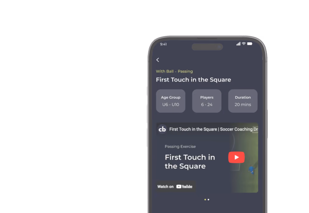 Mobile app screen showing a soccer passing drill titled First Touch in the Square for ages U6 to U10.