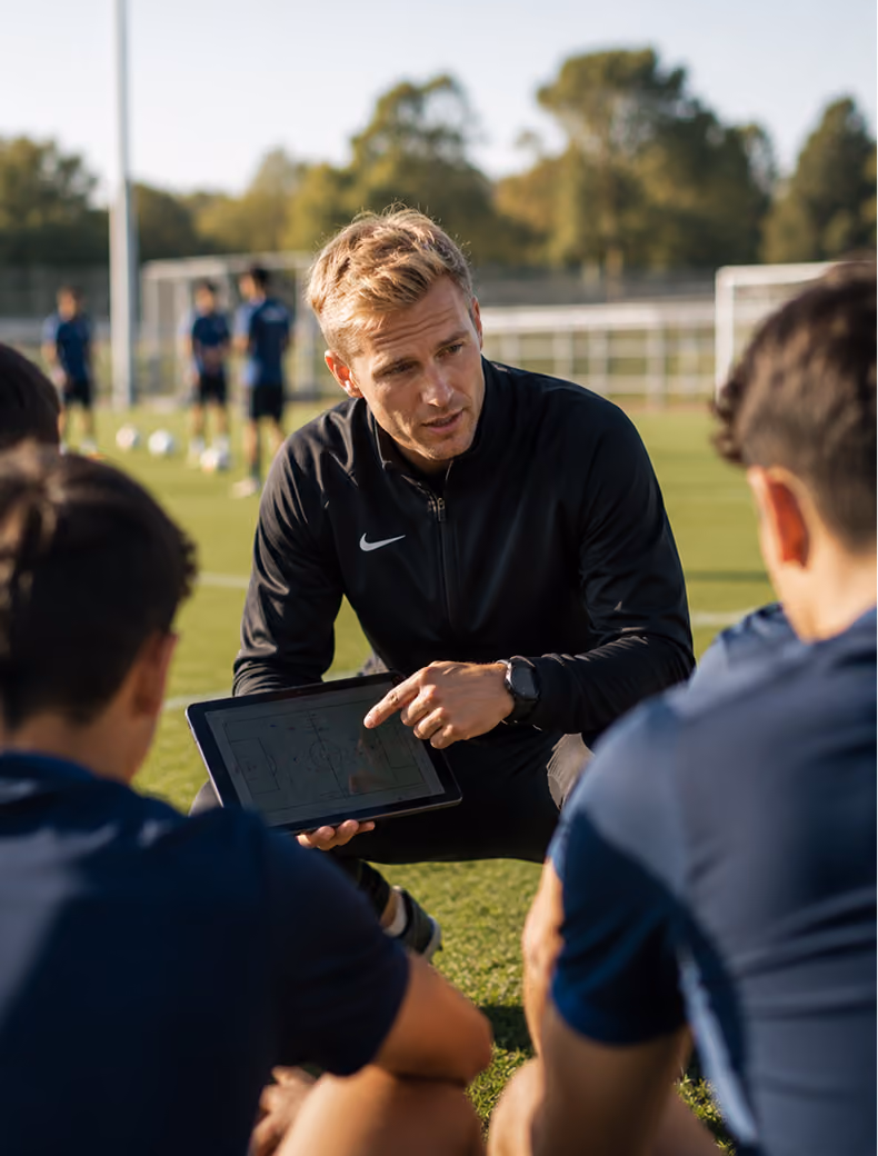 Coach holding tablet and explaining strategy to soccer players sitting on grass during practice.