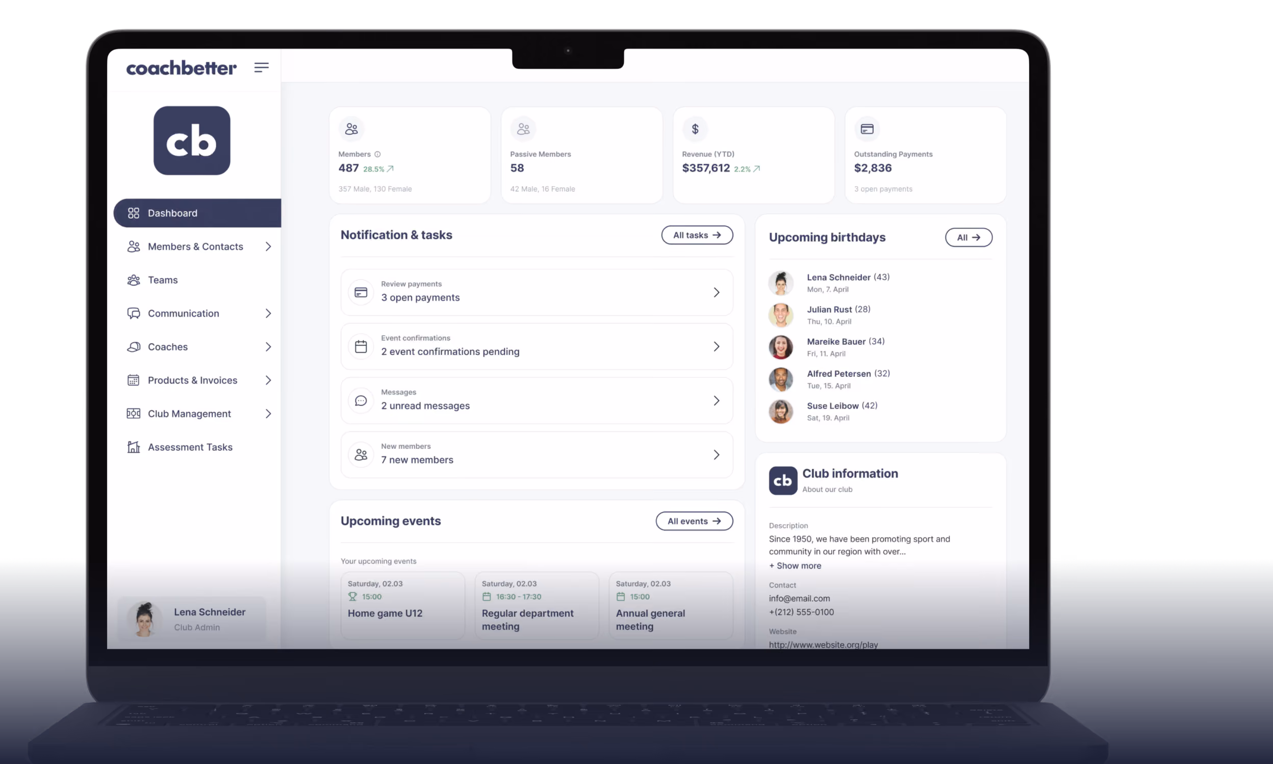 Laptop screen showing Coachbetter dashboard with members, tasks, payments, events, and club info panels.