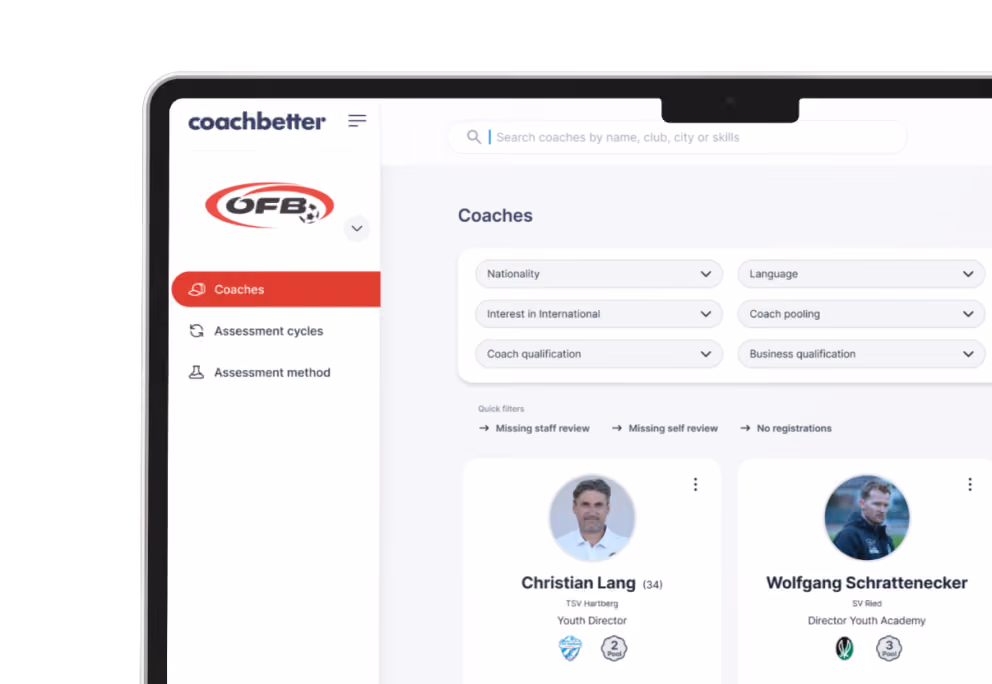 Screen showing a coach management platform with filters and profiles for Christian Lang and Wolfgang Schrattnecker.