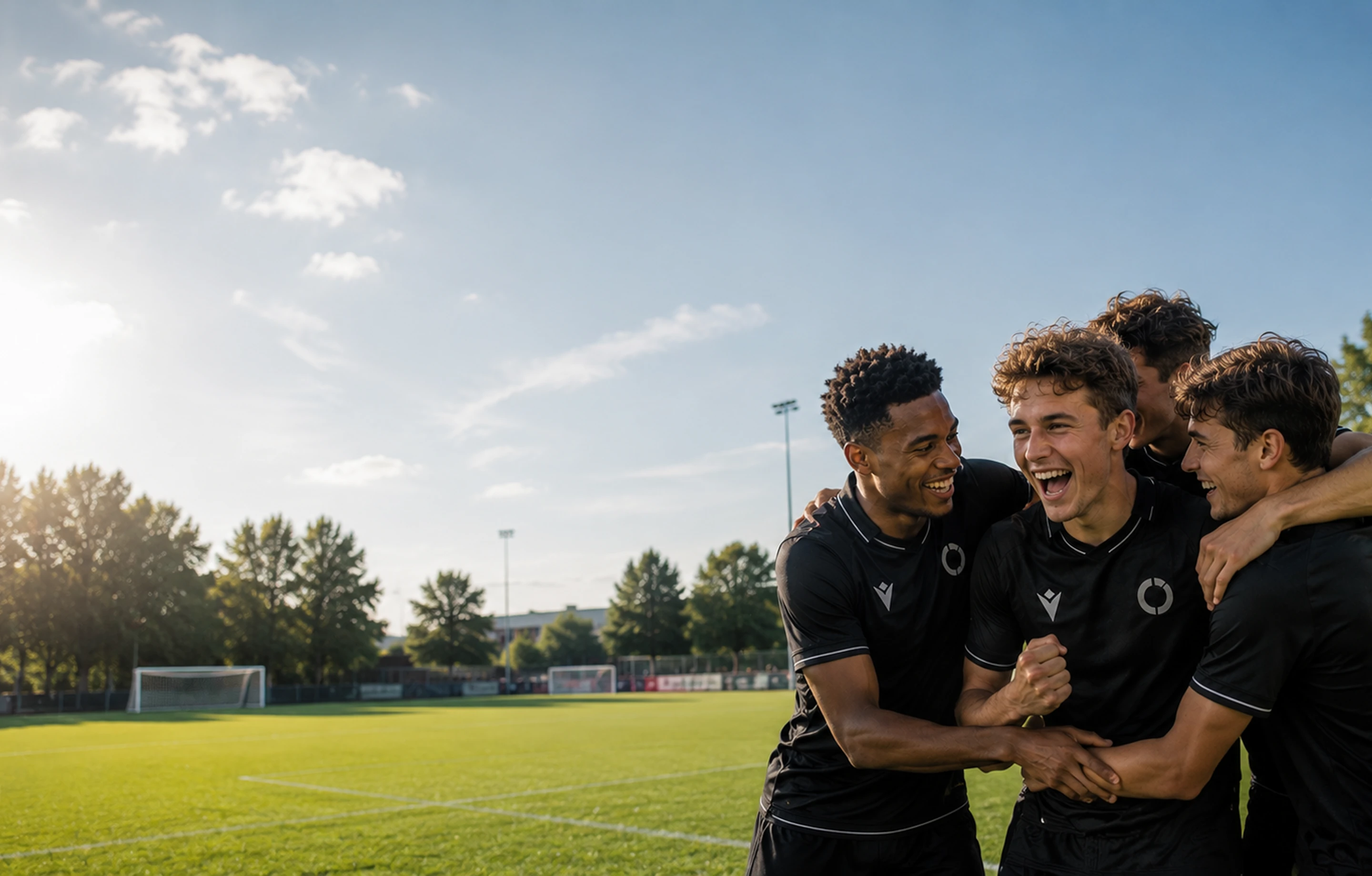 Four young men in black sports shirts celebrating together on a soccer field under a blue sky.
