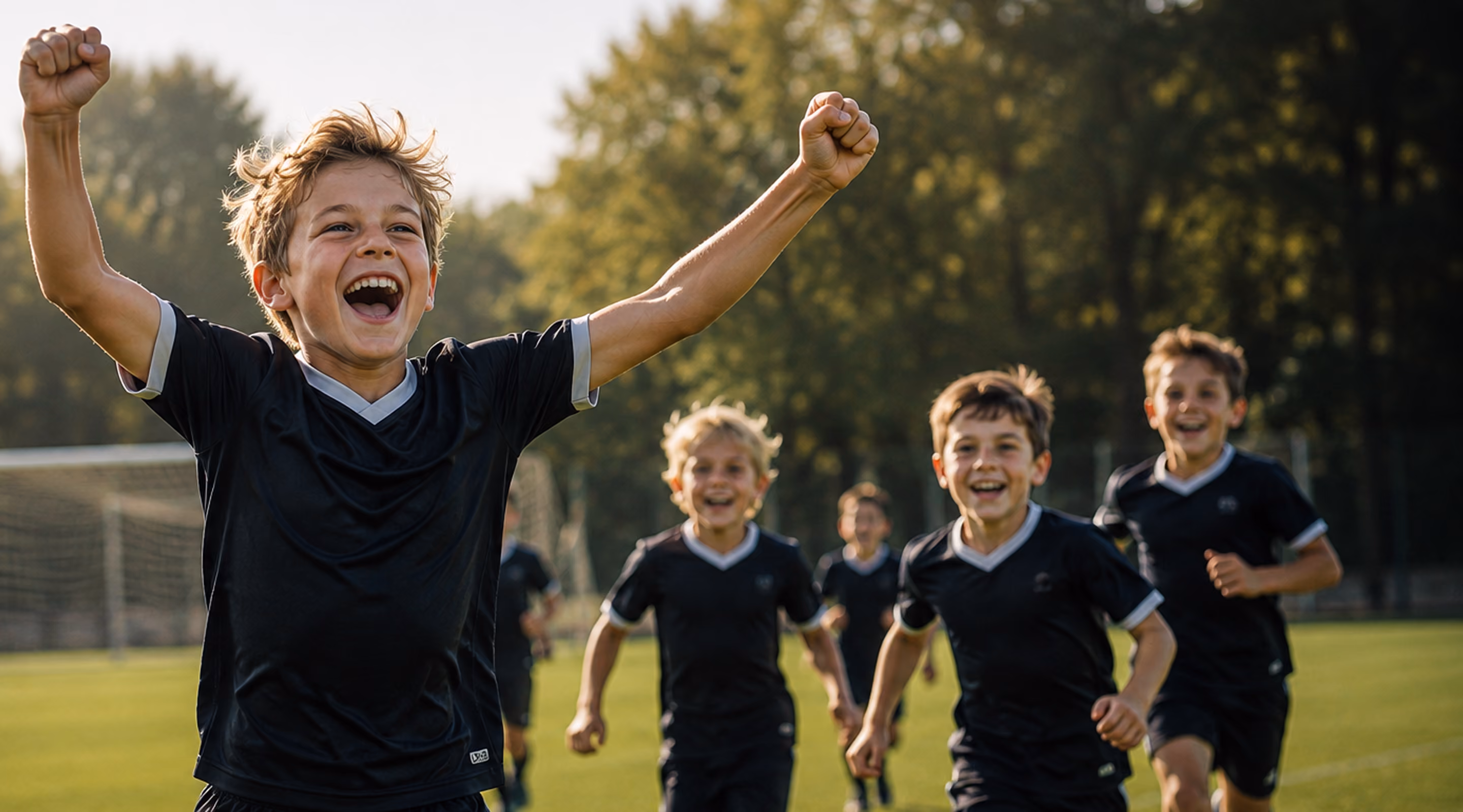 Youth soccer players in black jerseys celebrating with arms raised on a sunny field.