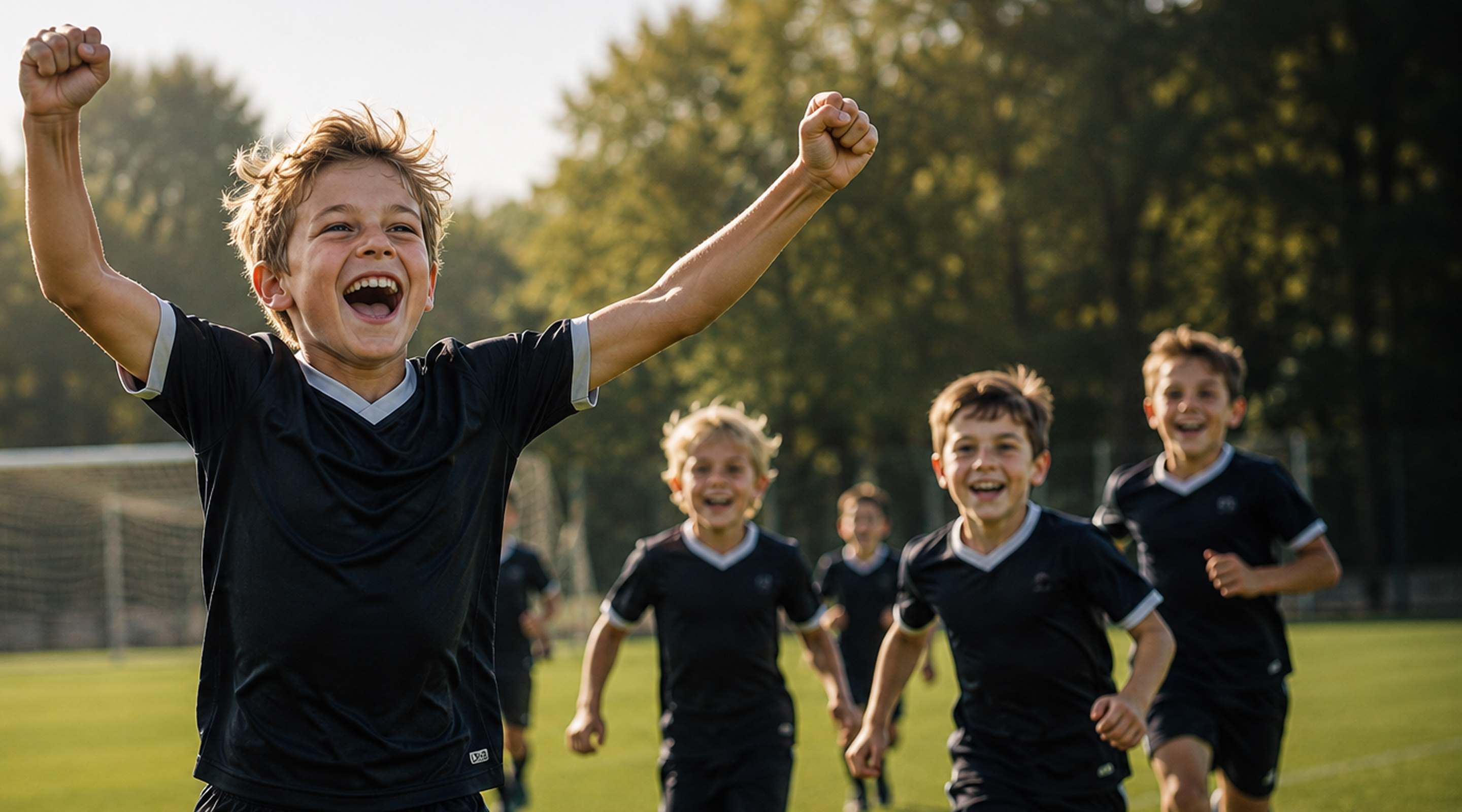 Youth soccer players in black jerseys celebrating with arms raised on a sunny field.