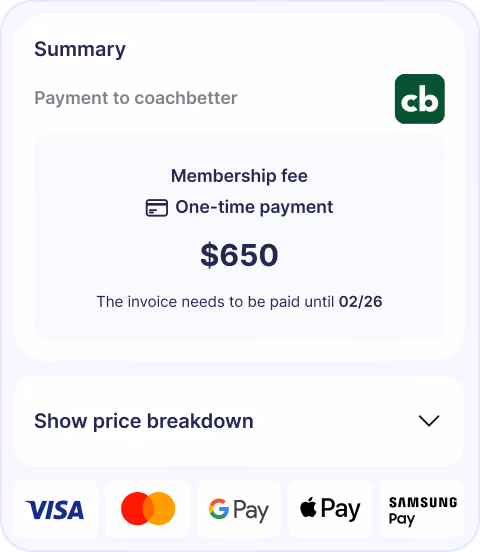 Payment summary showing $650 one-time membership fee to coachbetter due by 02/26 with various payment options.