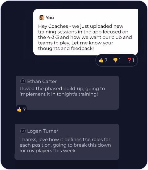 Chat conversation about new 4-3-3 training sessions with positive feedback from coaches Ethan Carter and Logan Turner.