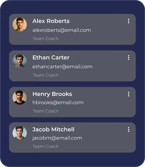 List of four team coaches with photos, names, and email addresses on a dark background.