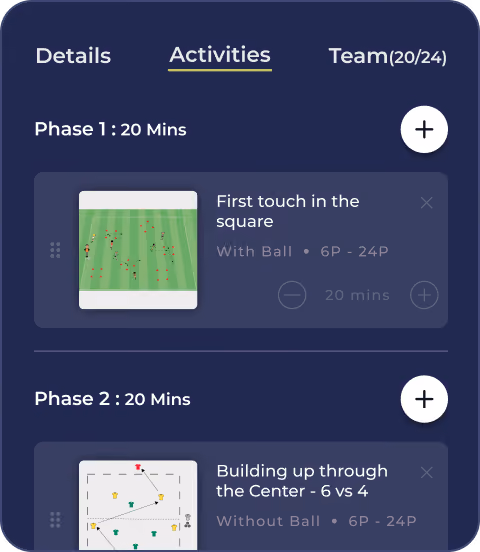 Training app showing two phases: First touch in square with ball and building up through center without ball.