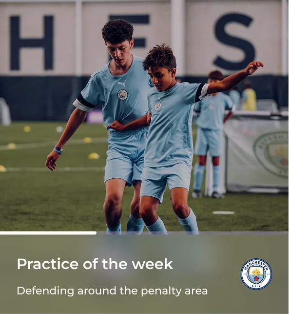 Coachbetter Practice of the Week card showing two youth players in Manchester City kit