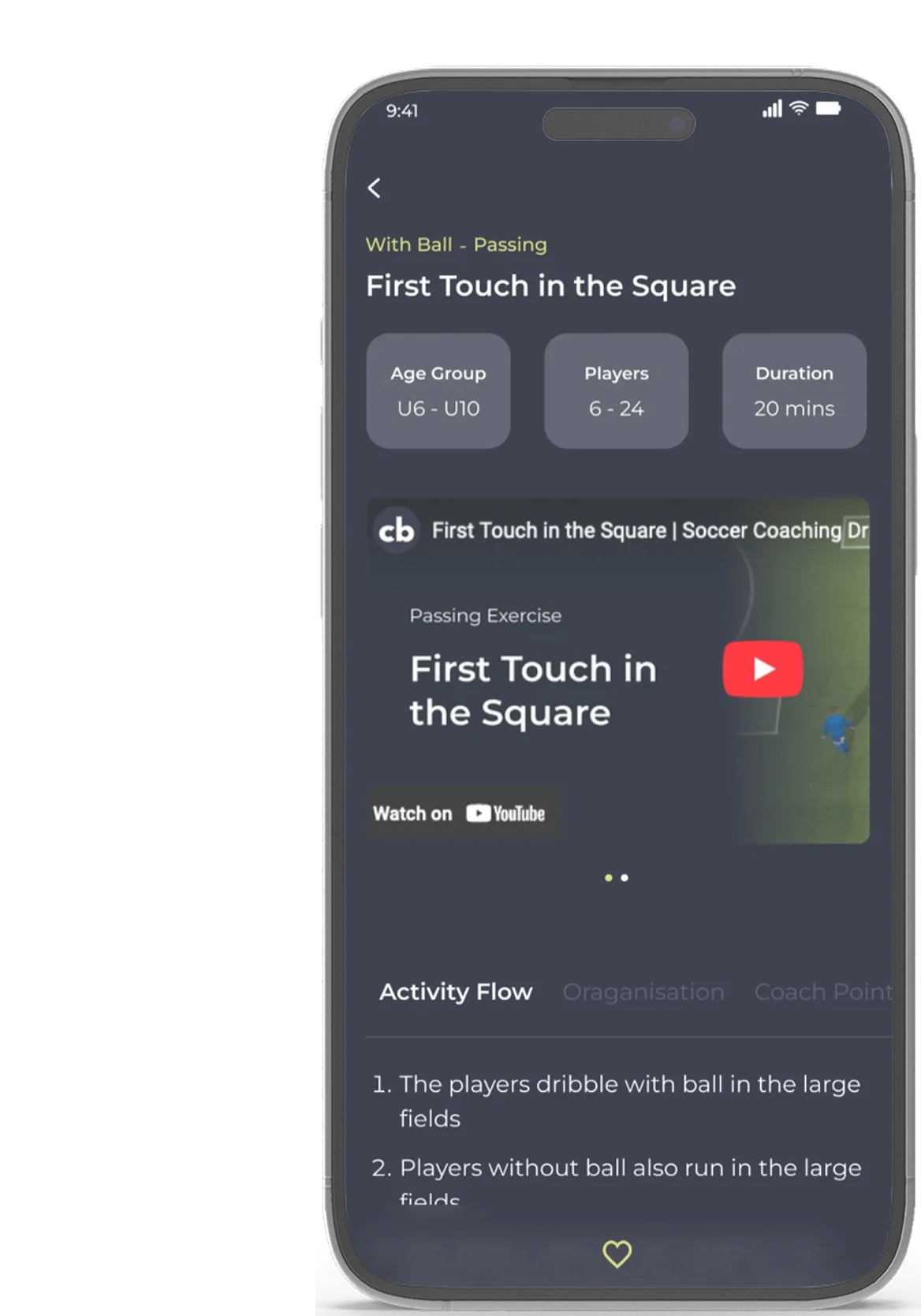 Coachbetter mobile app showing the First Touch in the Square training exercise with video