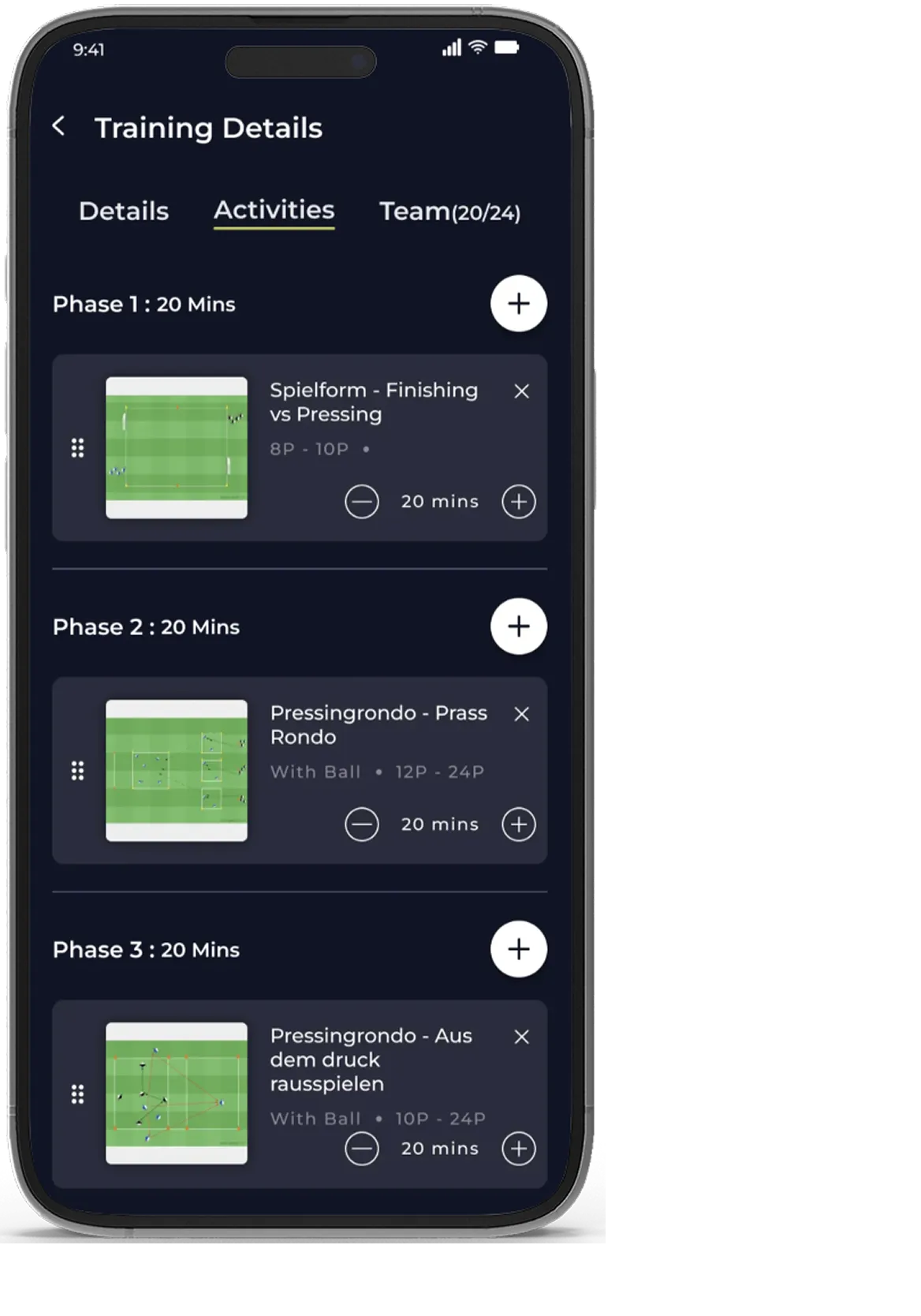 Coachbetter mobile app showing a training plan with three timed phases
