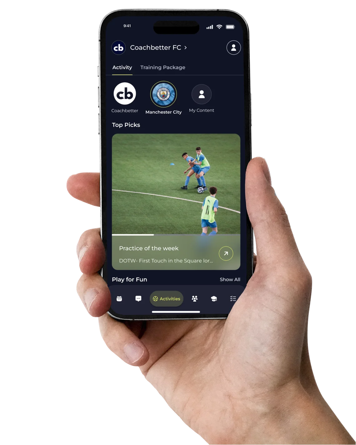 Hand holding a phone showing the Coachbetter app with a Manchester City training exercise