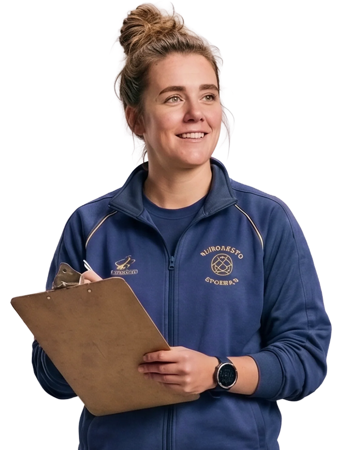 Smiling female football coach holding a clipboard