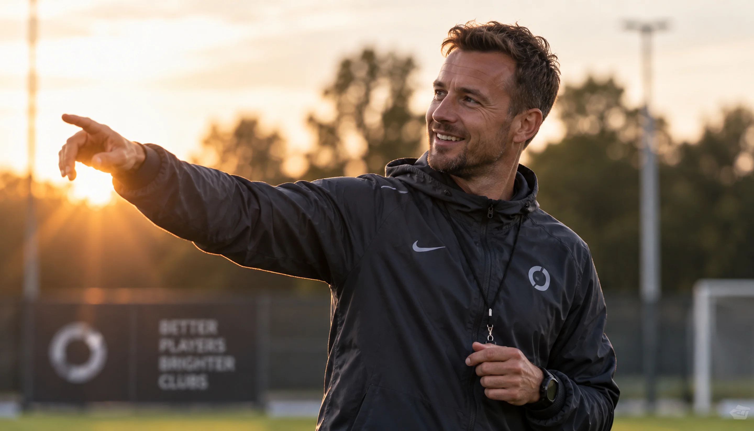 Smiling football coach in a training jacket pointing across the pitch at sunset