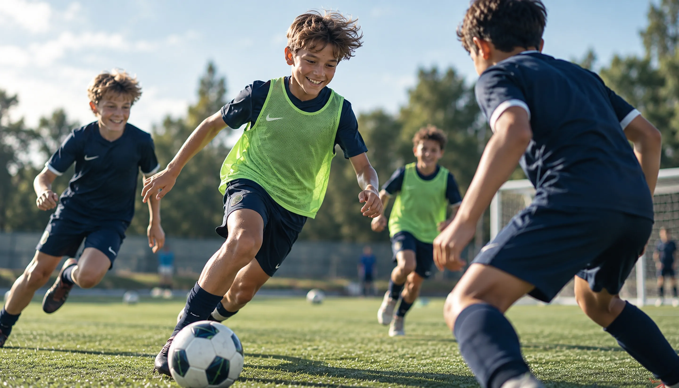 Youth football players in navy and green bibs dribbling and competing for the ball during a training match