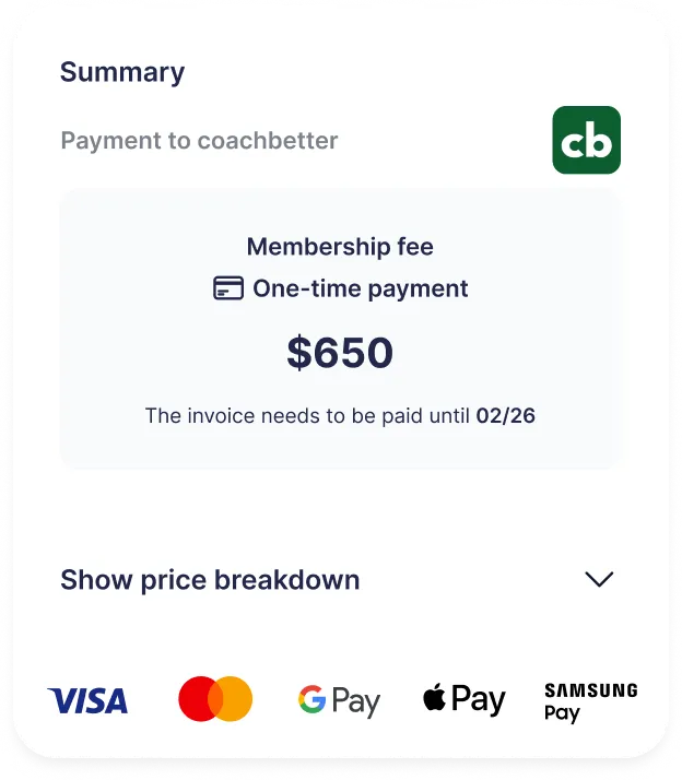 Coachbetter payment summary showing a one-time membership fee of $650 with card and mobile payment options