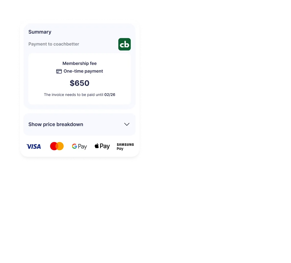Coachbetter payment summary card showing a one-time membership fee of $650