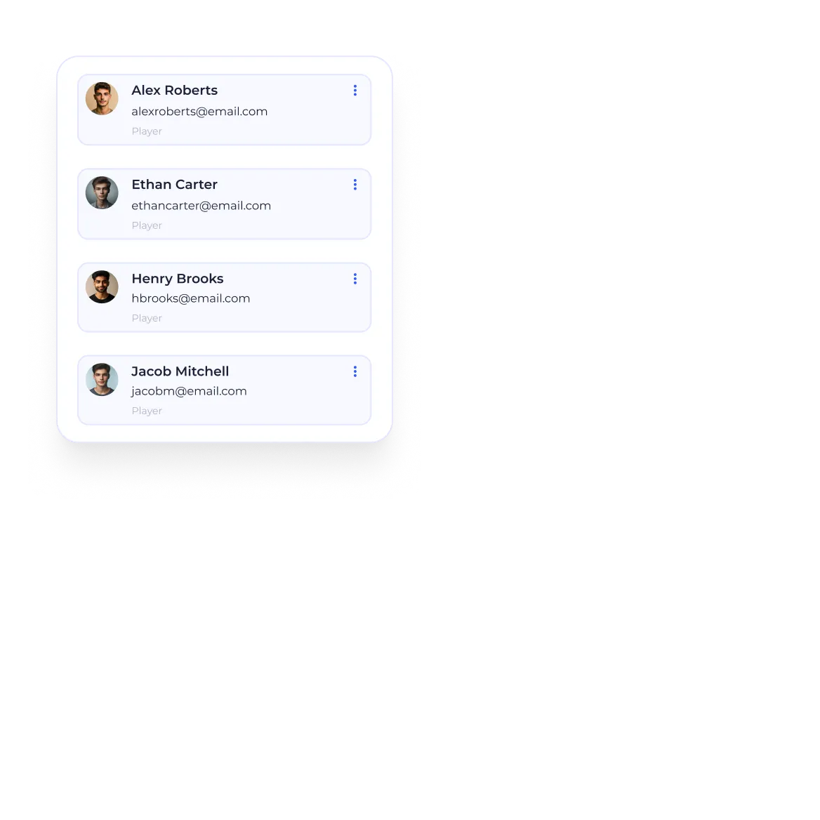 Coachbetter player management list showing player names and contact details