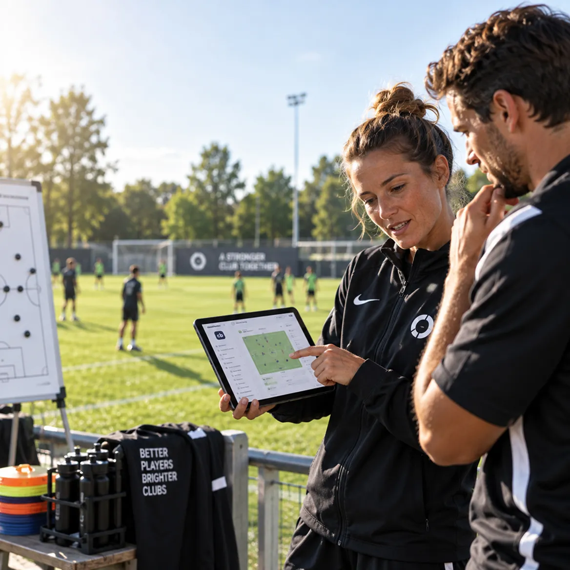 Two coaches planning a training session on a tablet beside a tactics board on a football pitch