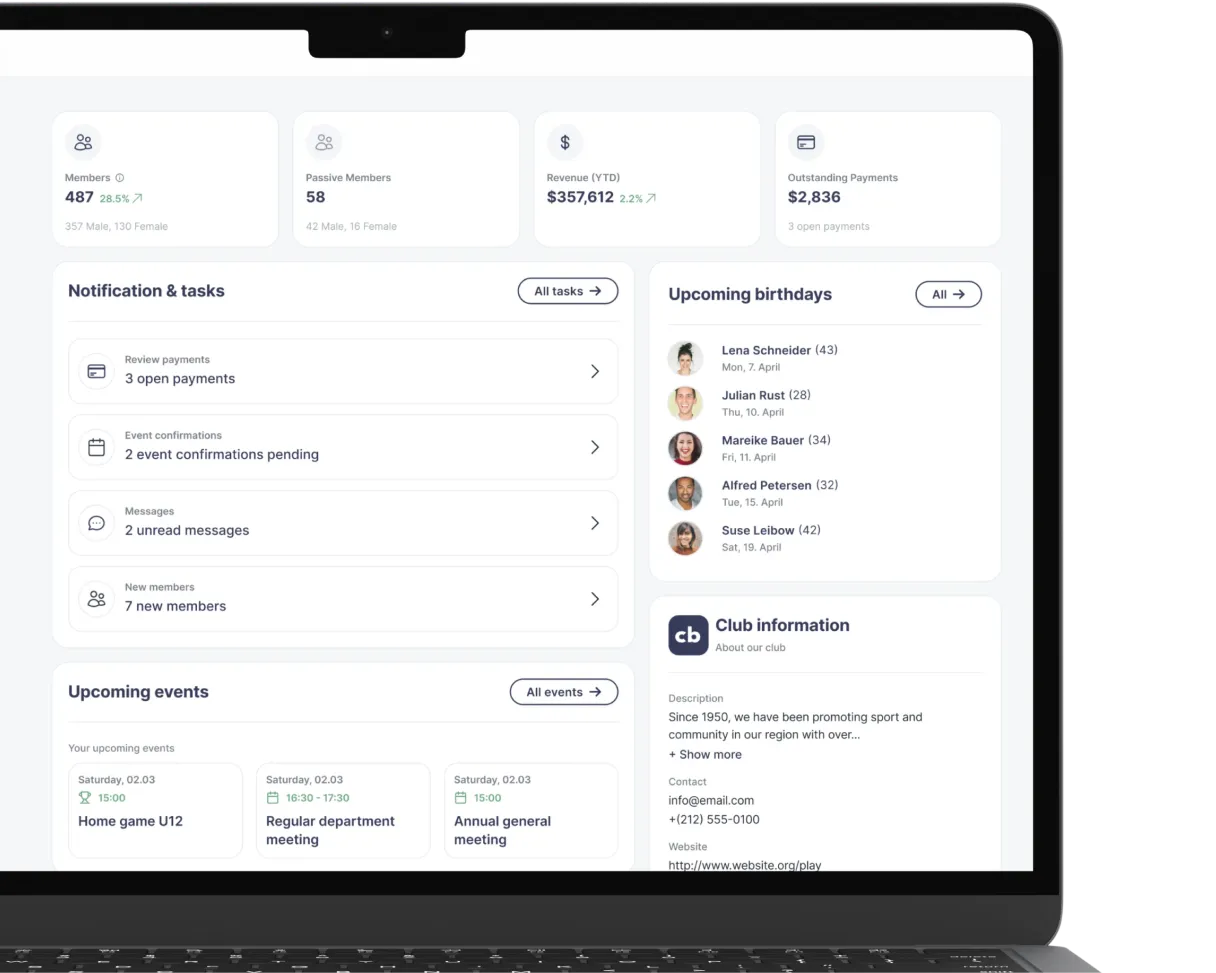Laptop showing the Coachbetter club dashboard with tasks, upcoming birthdays and events